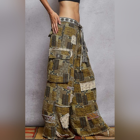POL Patchwork Wide Leg Pants - Olive and Beige - Picture 3 of 5